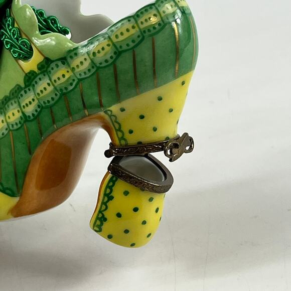 Fiona Saunders Limoges France Porcelain Shoe Figurine Hand Painted Green Yellow - Picture 3 of 13